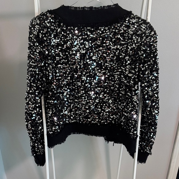 Anthropologie Sz Small..Black & Silver Sequin Cropped Gold Button Jacket - Picture 7 of 9